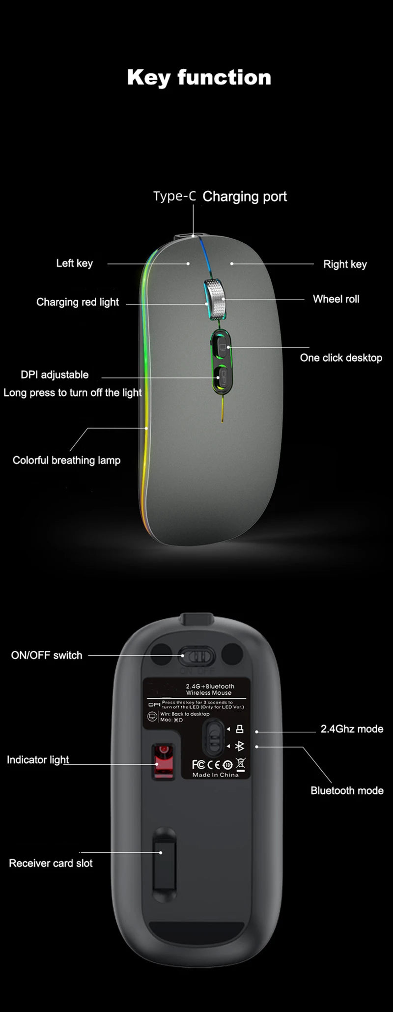Dual Mode Bluetooth 2.4G Wireless Mouse One-Click Desktop Function Type-C Rechargeable Silent Backlight Mice for Laptop PC New